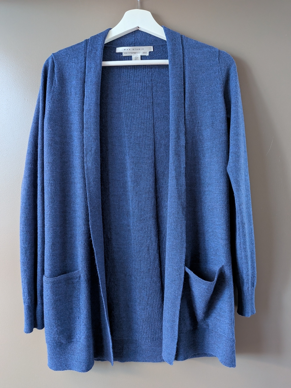 MAX STUDIO Blue 100% Extrafine Merino Wool Open Front Cardigan Pockets Sweater S